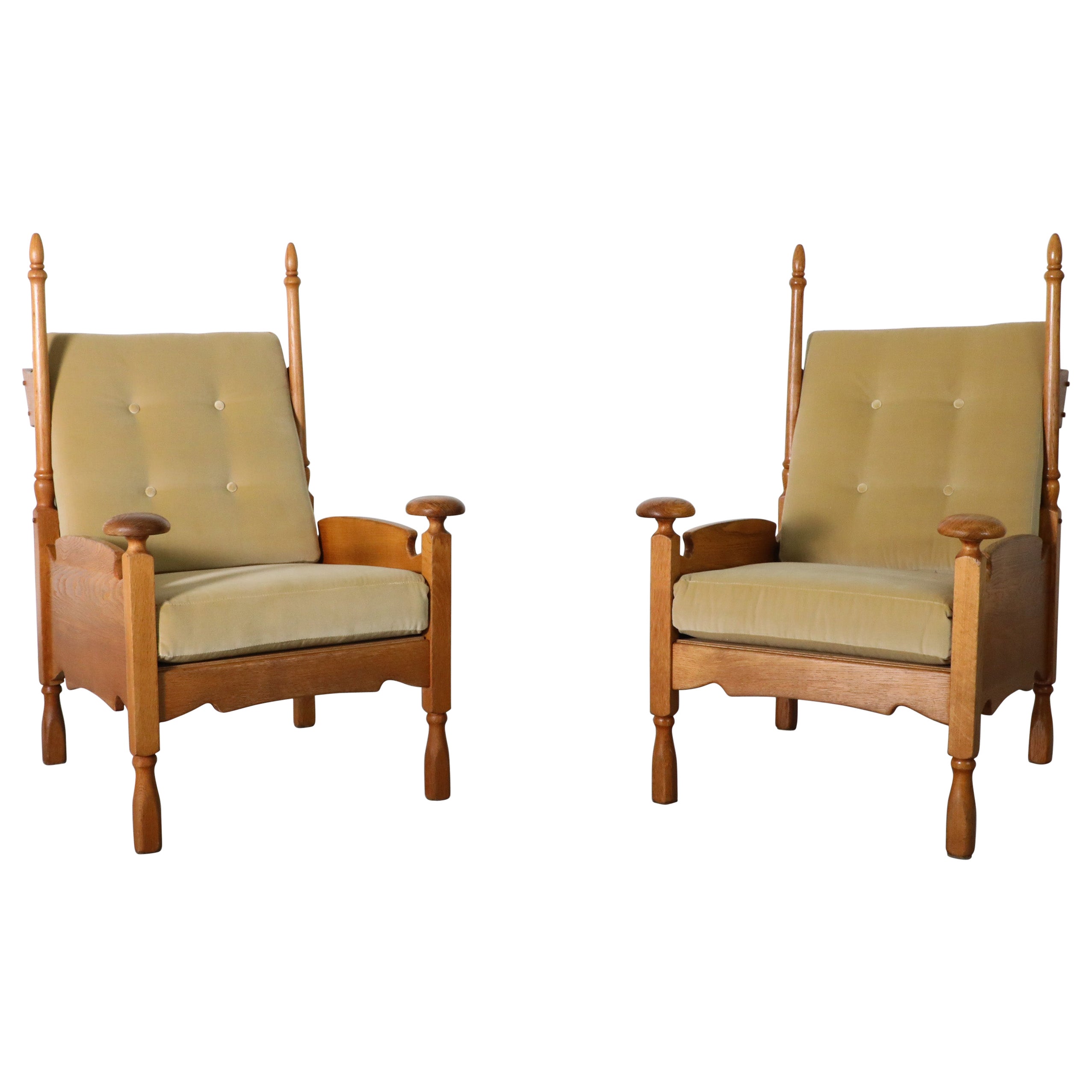 Pair Of Oak And Velvet Throne-Like Lounge Chairs with Finials & Horn Shaped Rods