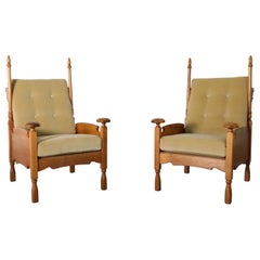 Vintage Pair Of Oak And Velvet Throne-Like Lounge Chairs with Finials & Horn Shaped Rods