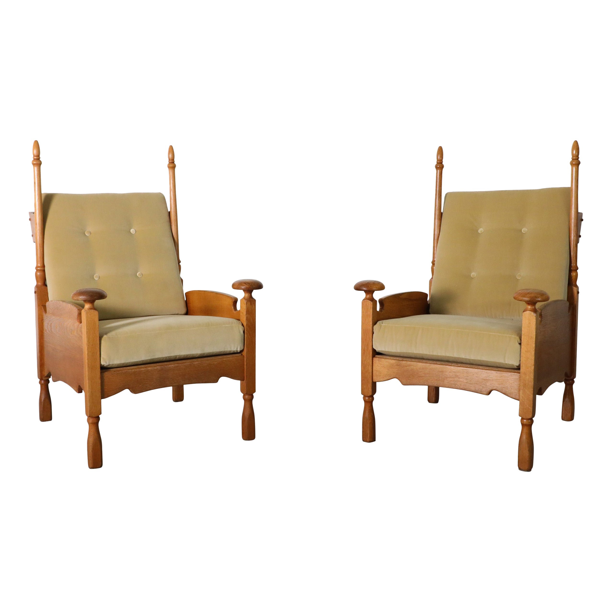 Pair Of Oak Throne-Like Lounge Chairs with Finials & New Gold Velvet Upholstery