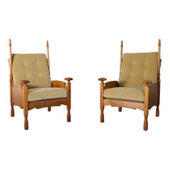 Pair Of Oak Throne-Like Lounge Chairs with Finials & New Gold Velvet Upholstery