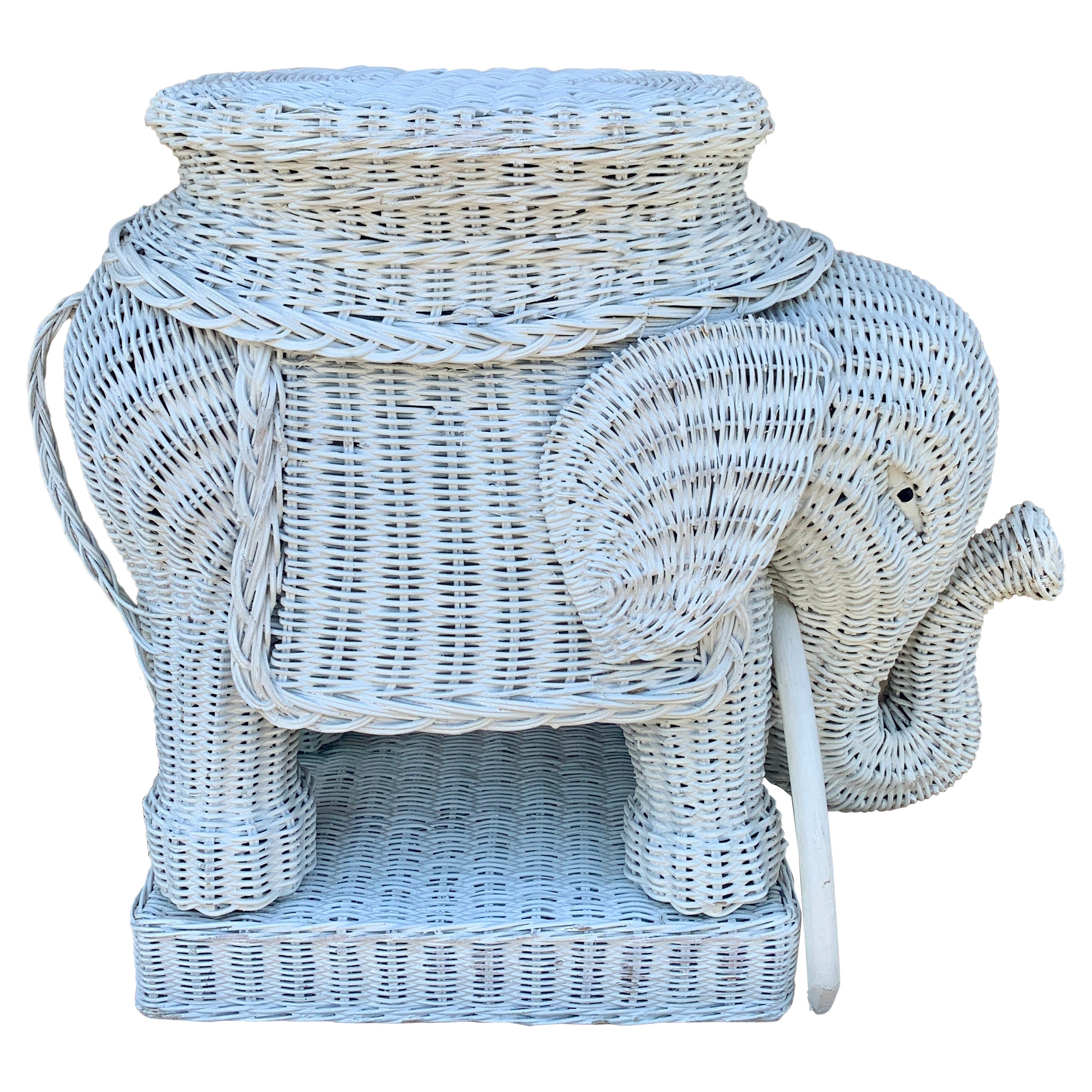 Wicker Rattan White Elephant Garden Stool or Side Table, 1970s