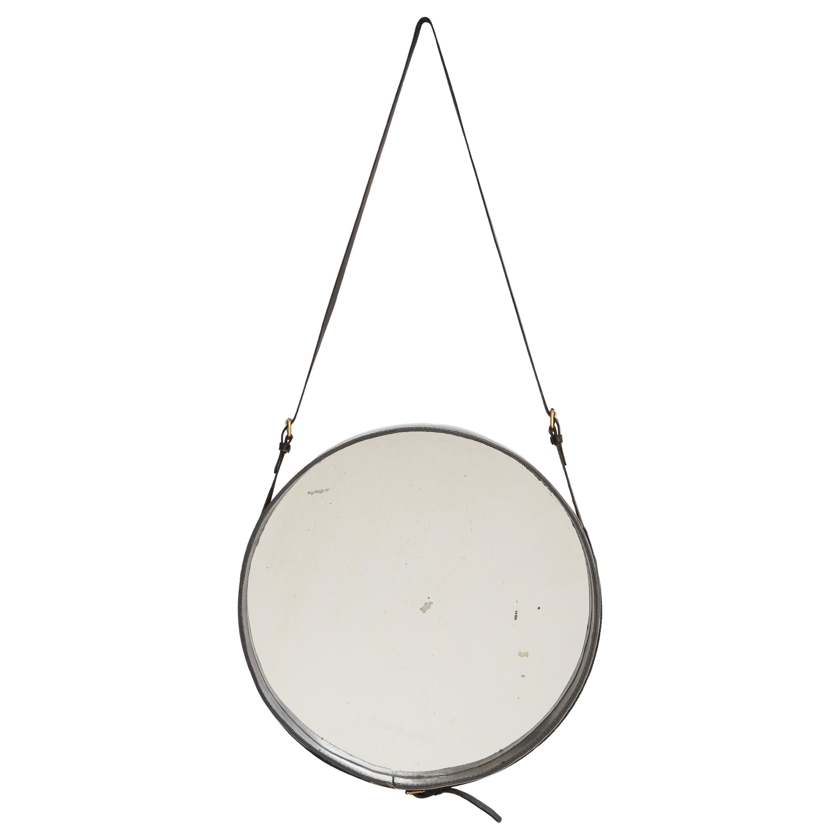 Jacques Adnet Rare Original Black Leather Round Wall Mirror, France, 1950s For Sale