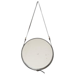 Jacques Adnet Rare Original Black Leather Round Wall Mirror, France, 1950s