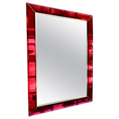 Large Italian Gem Beveled Ruby Red Mirror with Brass Trim