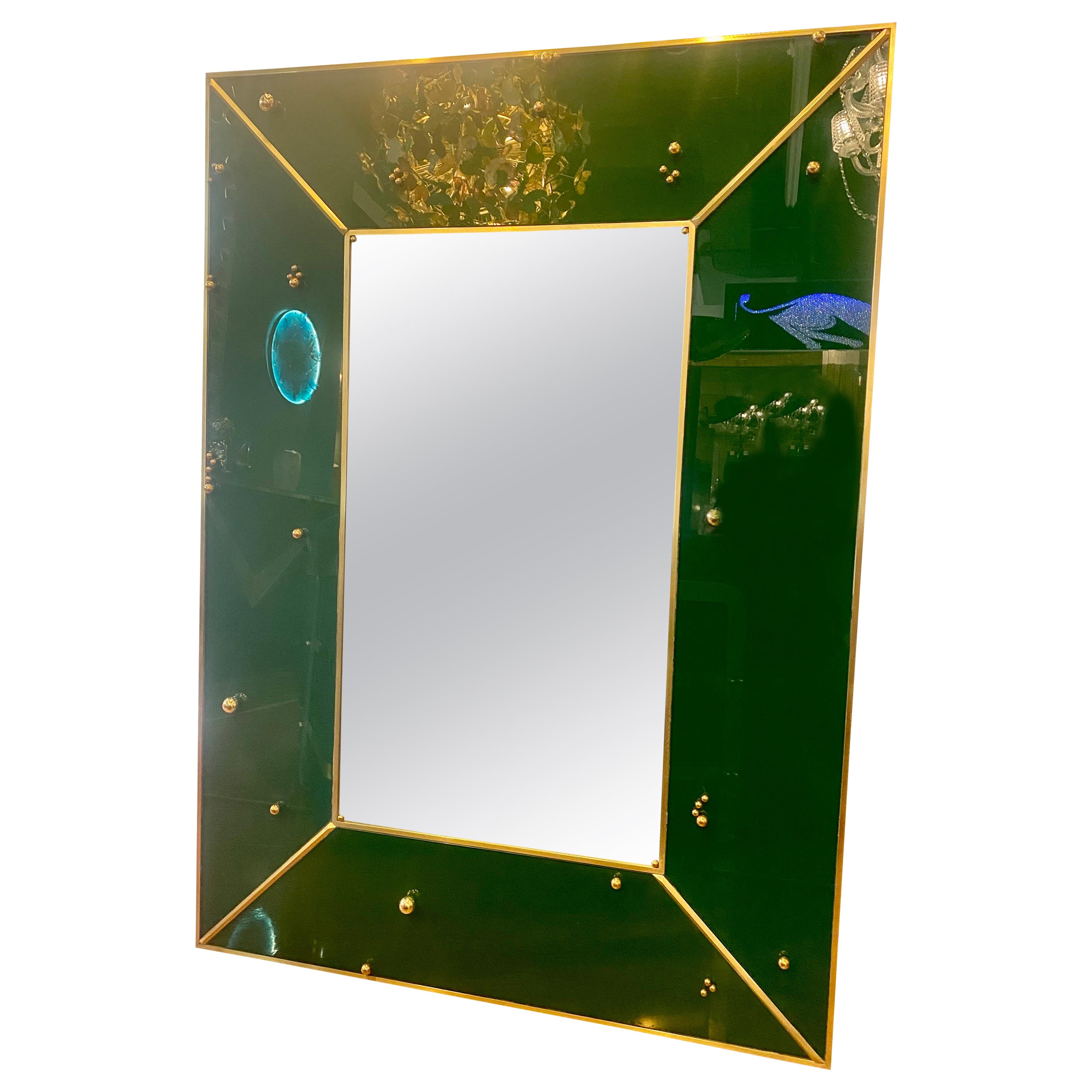 Mid-Century Italian Green Glass and Brass Mirror For Sale