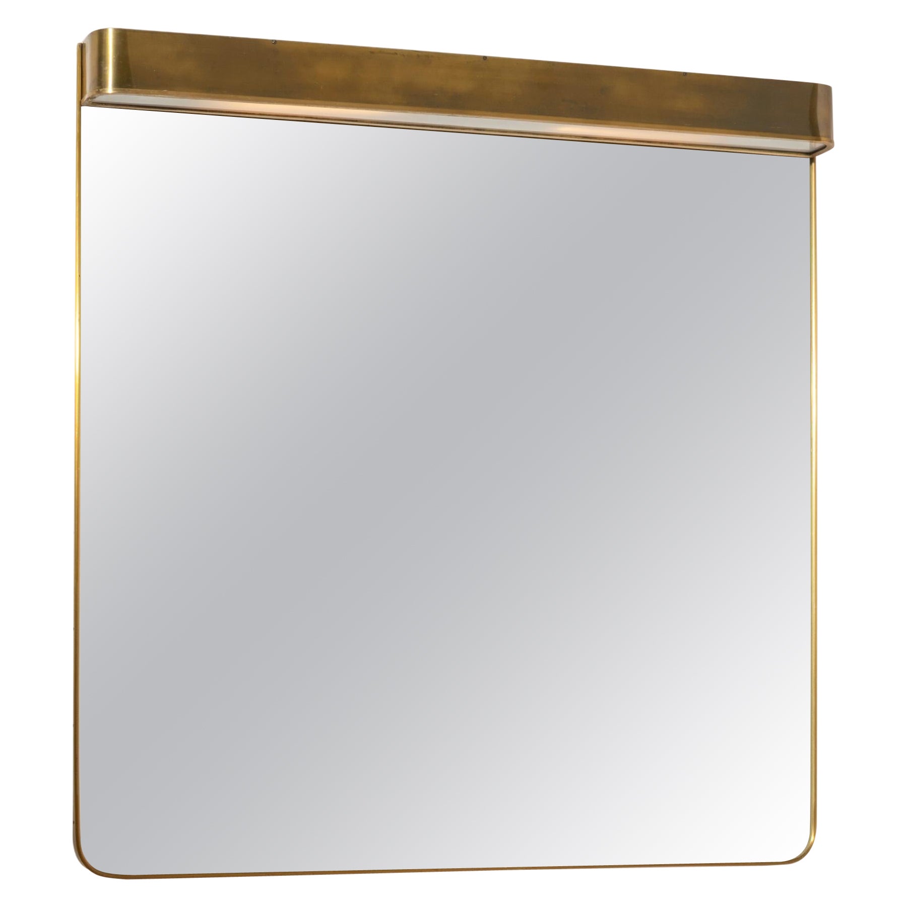 Large brass wall mirror with integrated lights, Italy, 1950s For Sale