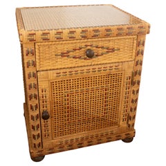 1970s Wooden Bedside Table Lined with Wicker and Three Drawers 