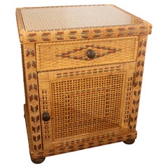 1970s Wooden Bedside Table Lined with Wicker and Three Drawers