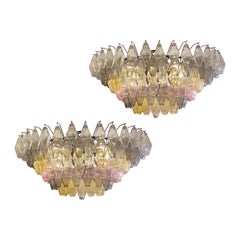Ambre, gris et rose  Grand lustre ou plafonnier en verre de Murano Poliedri