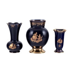 Vintage Limoges, France. Three porcelain vases decorated with 22-karat gold leaf.