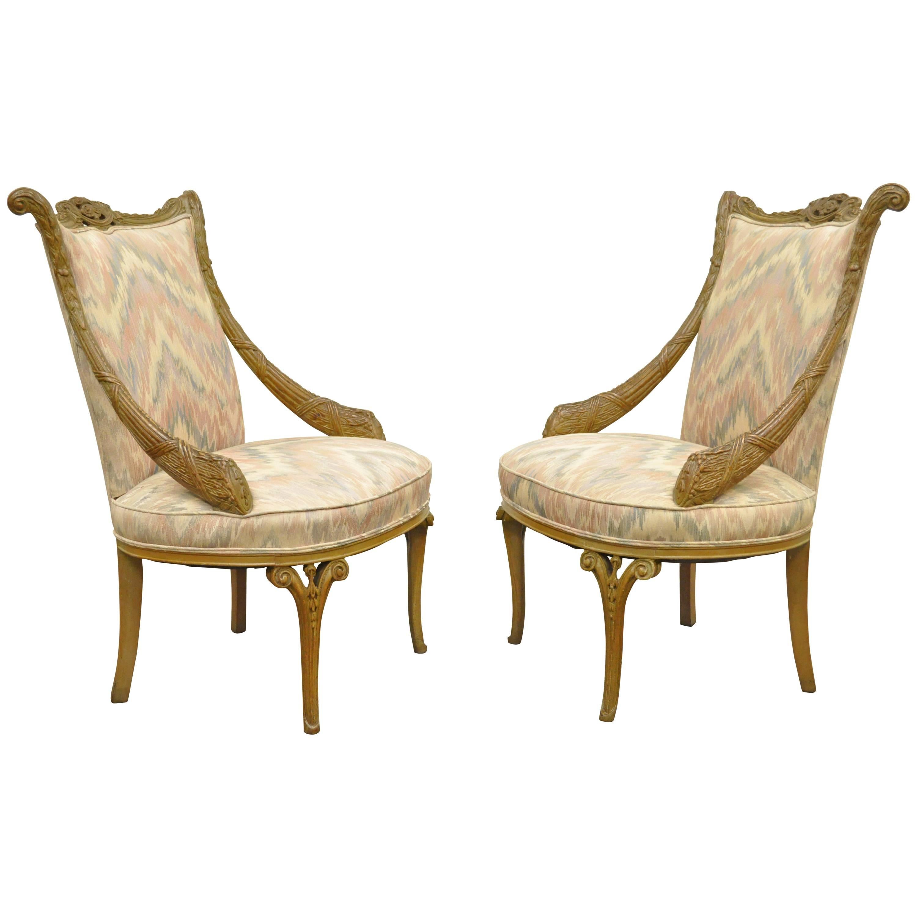 Pair 1940s Hollywood Regency Carved Parlor Chairs Attributed to Grosfeld House For Sale