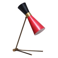 Stilnovo Adjustable Brass Desk Lamp, Black and Red Diabolo Shade, Italy, 1950s