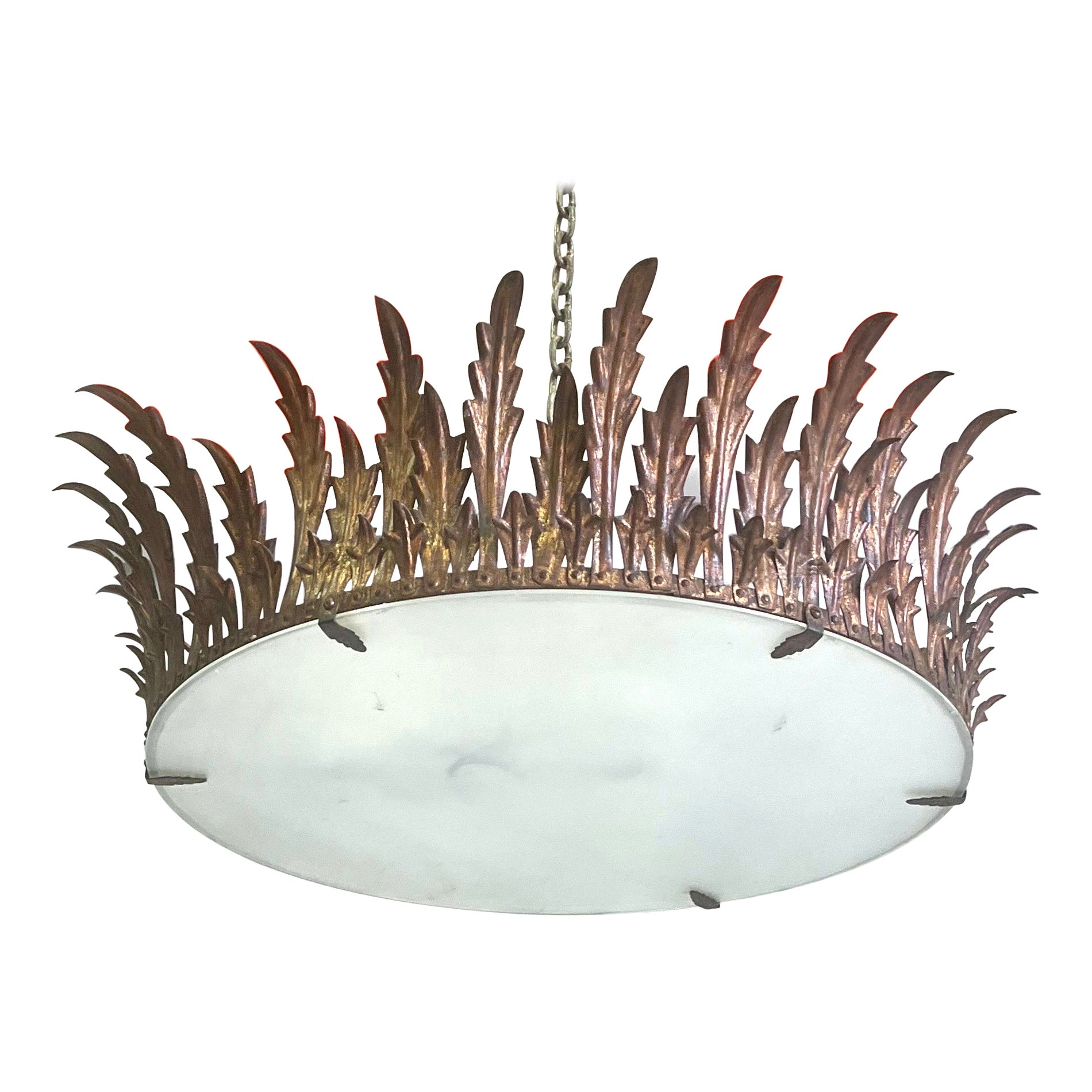 Large French Mid-Century Gilt Iron Crown / Sunburst Pendant or Flush Mount For Sale