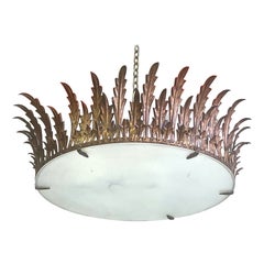 Large French Mid-Century Gilt Iron Crown / Sunburst Pendant or Flush Mount 