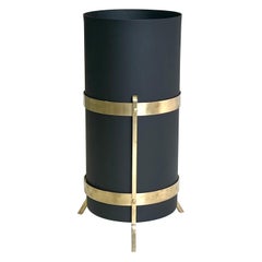 Italian Mid-Century Modern Umbrella Stand or Trash Can in Brass & Enameled Steel
