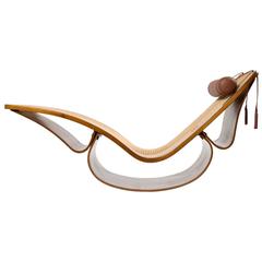 Rare "Rio" Chaise Longue in Imbuia Wood with Woven Cane Seat, Leather Headrest