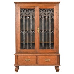 Antique Art Nouveau Oak Bookcase With Beveled Leaded Glass Doors, Circa 1900