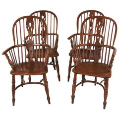 Set of Four English Elm High Back Narrow Arm Windsor Armchairs