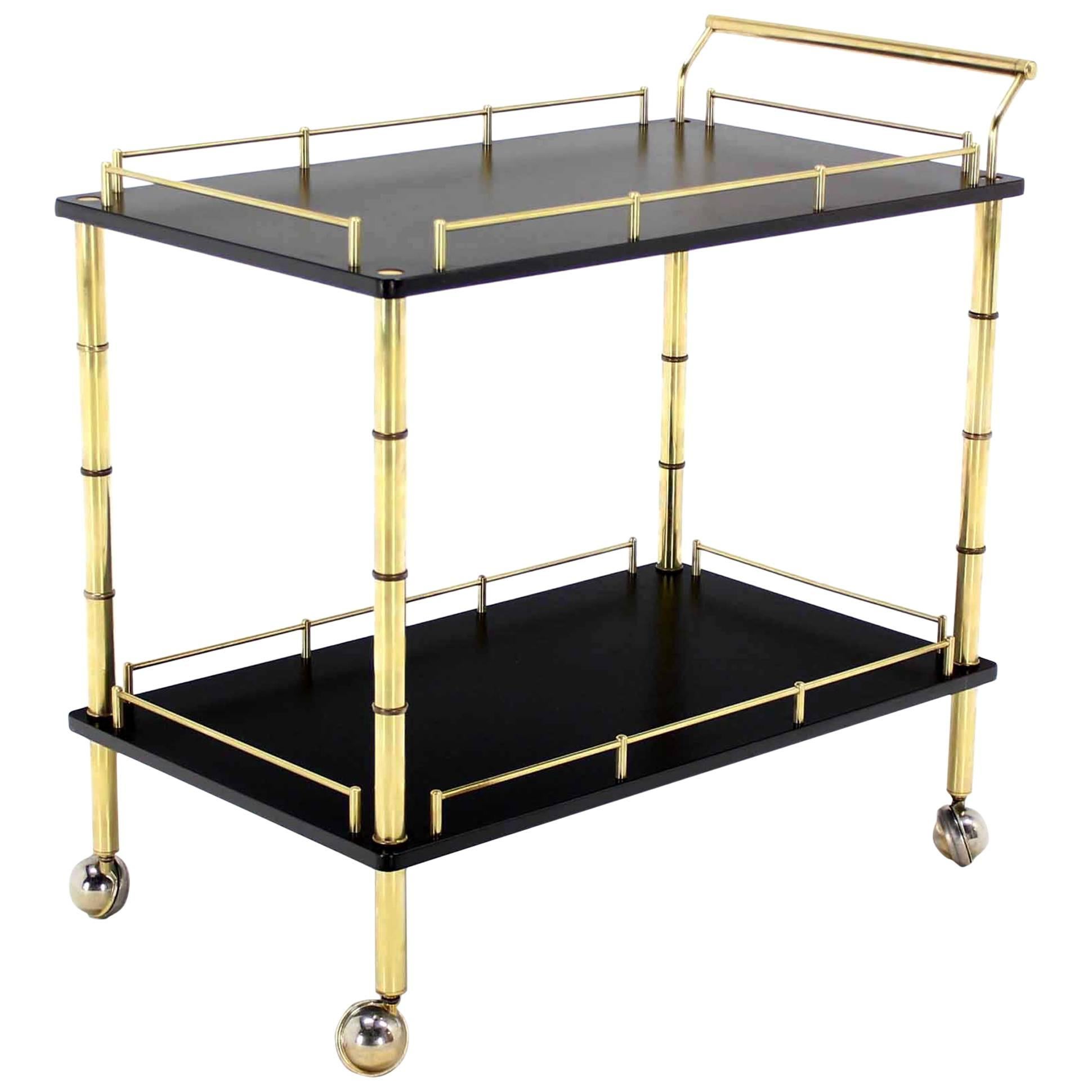 Faux Bamboo Brass Gallery Two Tier Rectangular Rolling Bar Tea Cart For Sale