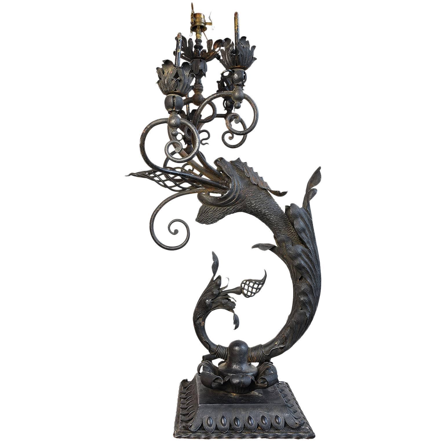 1880's Iron Gas Newel Post Dragon Light