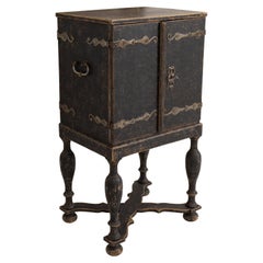Antique 18th c. Swedish Baroque Period Black Painted Spice Cabinet on Stand