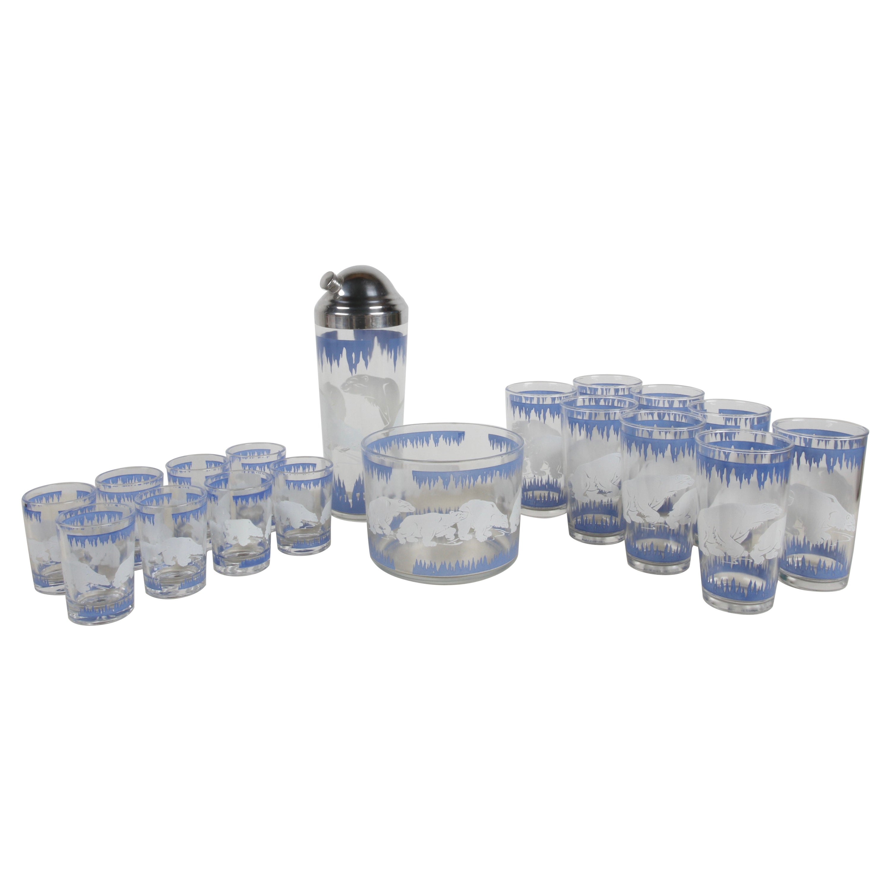 Juego de cócteles Art Decó Oso Polar - Hazel-Atlas - Juego completo de 18 cocteleras Caja