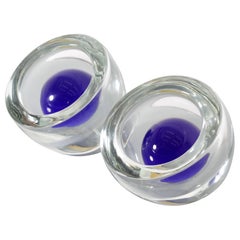 Alfredo Barbini set of 2 Thick Solid Glass Bowl with Blue Glass Sphere 70s Italy