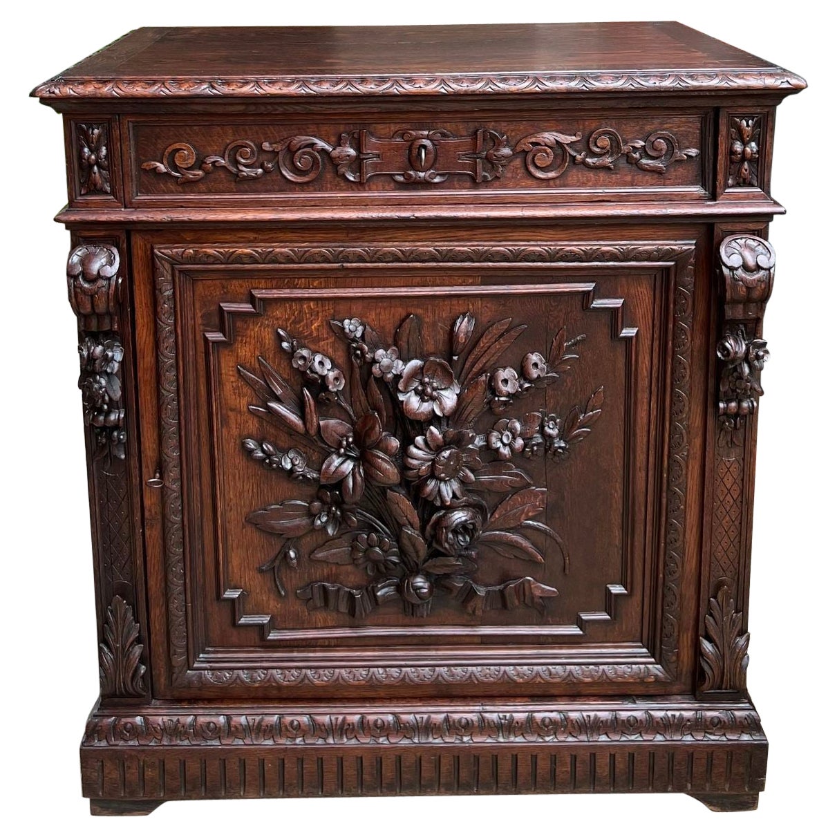 Antique French Cabinet Carved Oak Black Forest Floral Renaissance Foyer Table