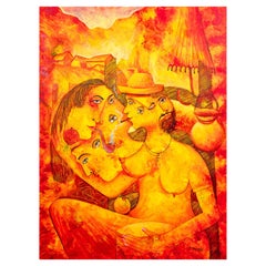 Pedro Ortegarias Familia Ciameses Signed Mixed Media Painting on Canvas 2005