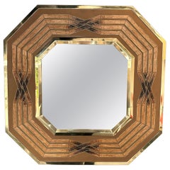 Vintage Brass Mirror and Rattan Marquetry by Garzio, Italy, 1970s