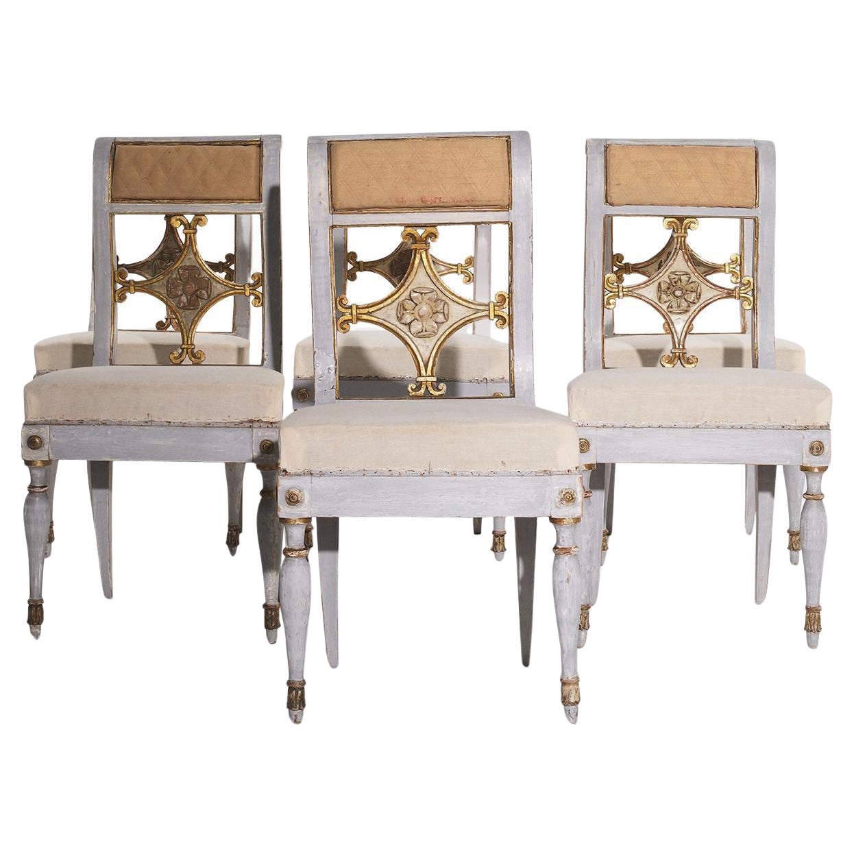 19th Century Italian Set of Six Neoclassical Style White-Grey Dining Room Chairs
