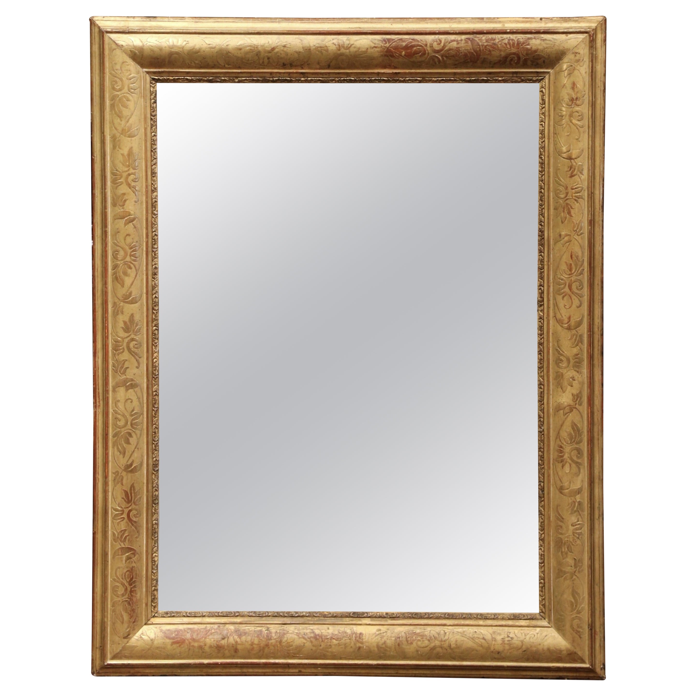 19th Century French Louis Philippe Giltwood Wall Mirror with Foliage Engravings For Sale