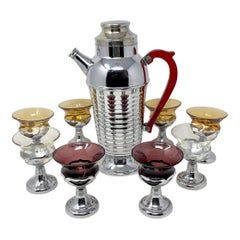 Coctelera Estate Retro con 8 Vasos en Morado, Ámbar y Transparente, Circa 1950