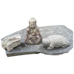 Japan Antique Collection 19th Century Stone Buddha, Tortoise and Frog Sculpture