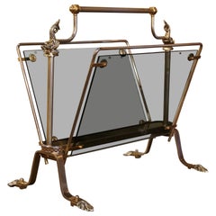 Vintage Mid-20th Century, French Brass and Glass Magazine Rack Maison Jansen Style