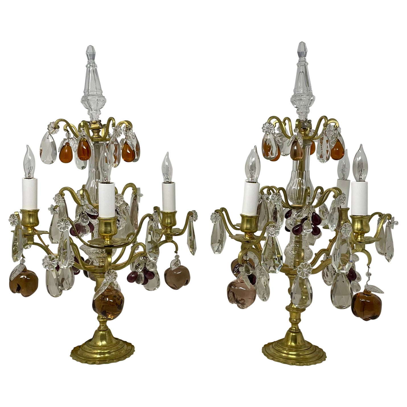 Pair Antique French Crystal and Gold Bronze Girandoles, Circa 1890