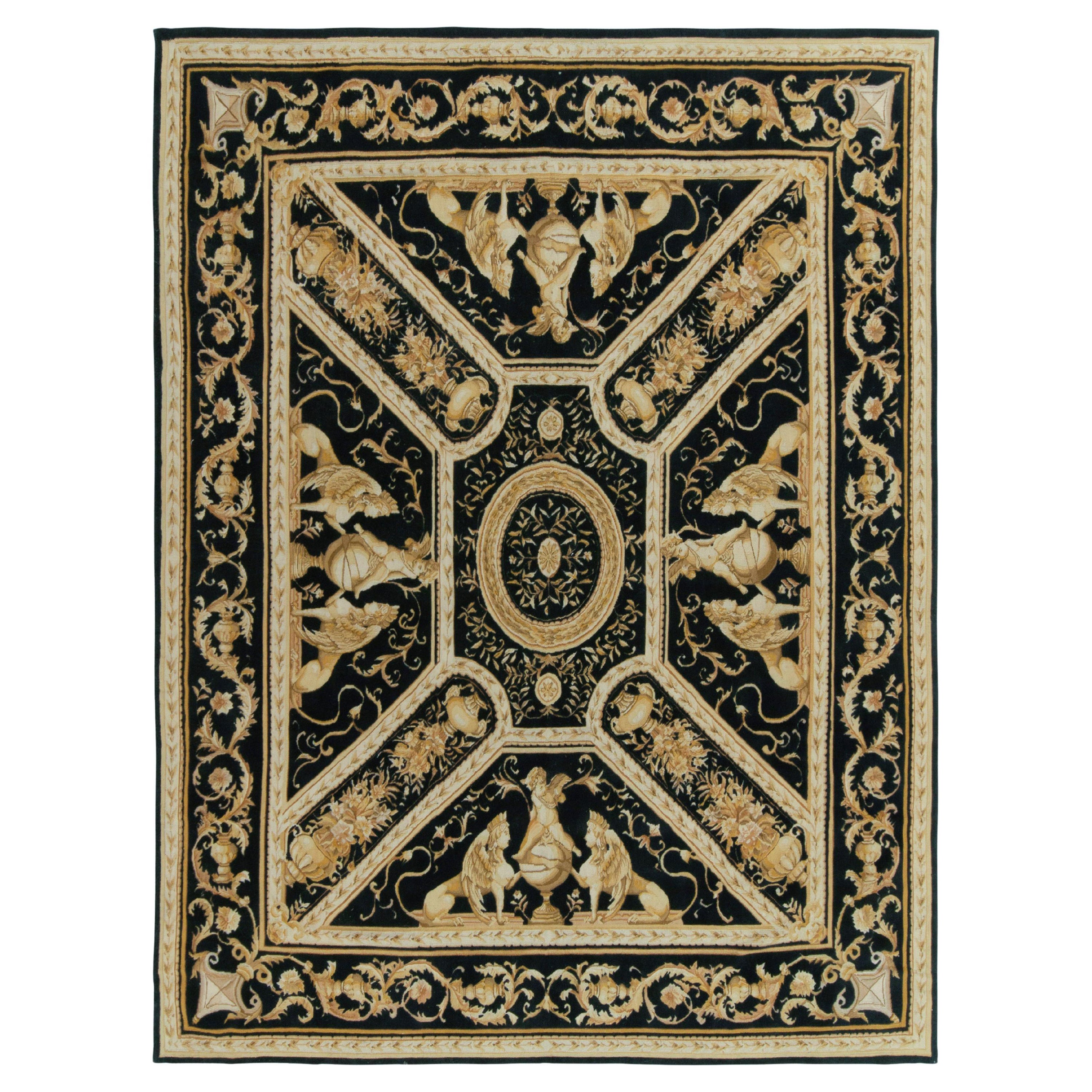 Rug & Kilim's Flachgewebe im Tudor-Stil mit schwarzem, goldenem und weißem Medaillon-Muster