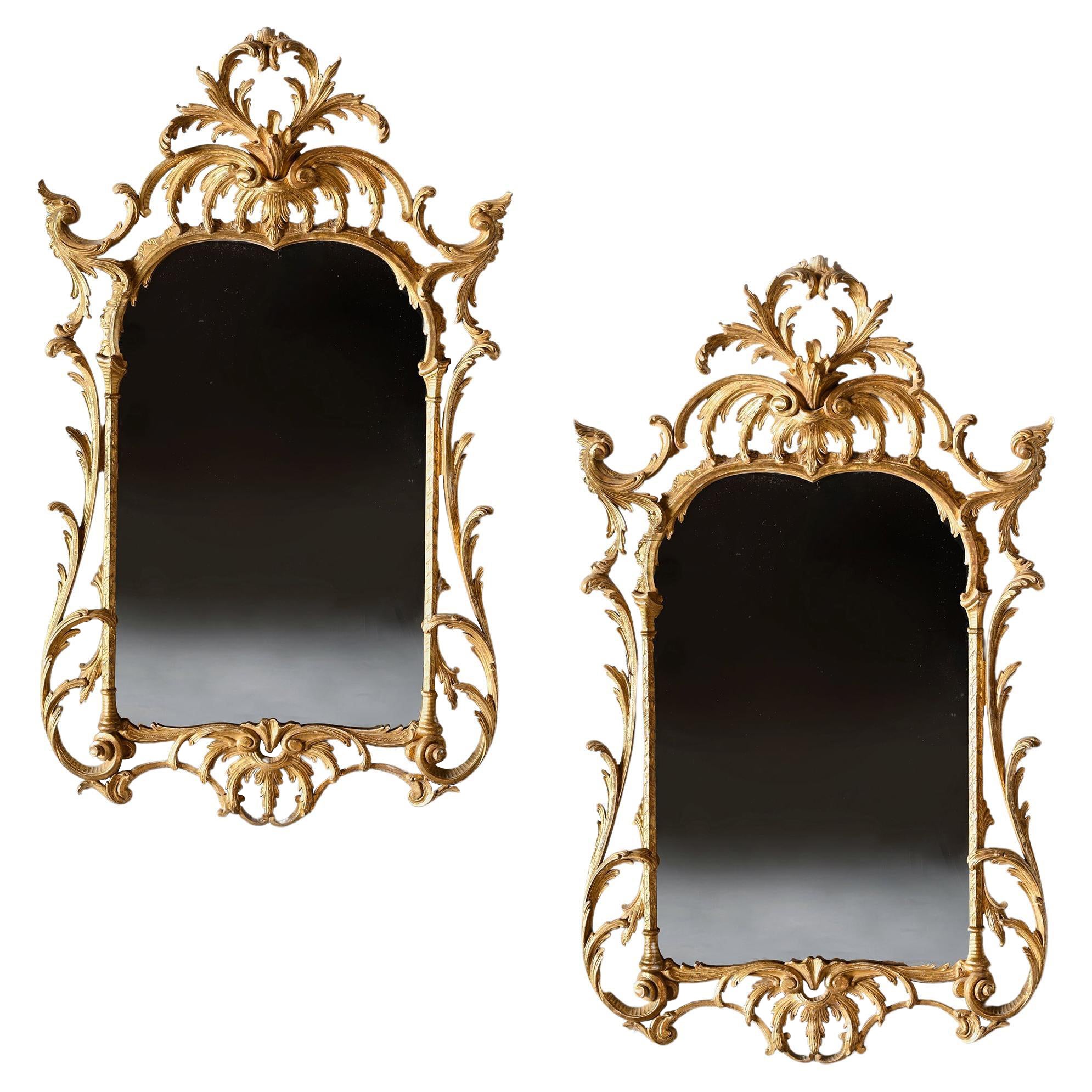 Fine Pair of Mid 20th Century English Giltwood Mirrors in the Late Rococo Style