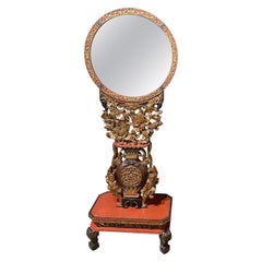Mid 19th Century Chinese Carved Red Gilt Lacquered Round Floor Mirror on Stand