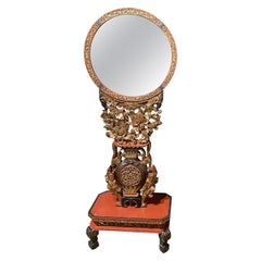 Mid 19th Century Chinese Carved Red Gilt Lacquered Round Floor Mirror on Stand