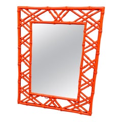 Retro Hermes Orange Faux Bamboo Rectangular Metal Wall Mirror Mid-Century Modern 