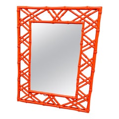 Vintage Hermes Orange Faux Bamboo Rectangular Metal Wall Mirror Mid-Century Modern 