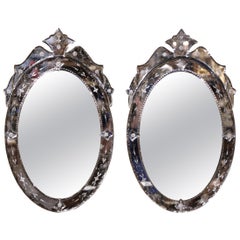 Vintage Pair of Italian Venetian Oval Wall Mirrors with Painted Floral Etching