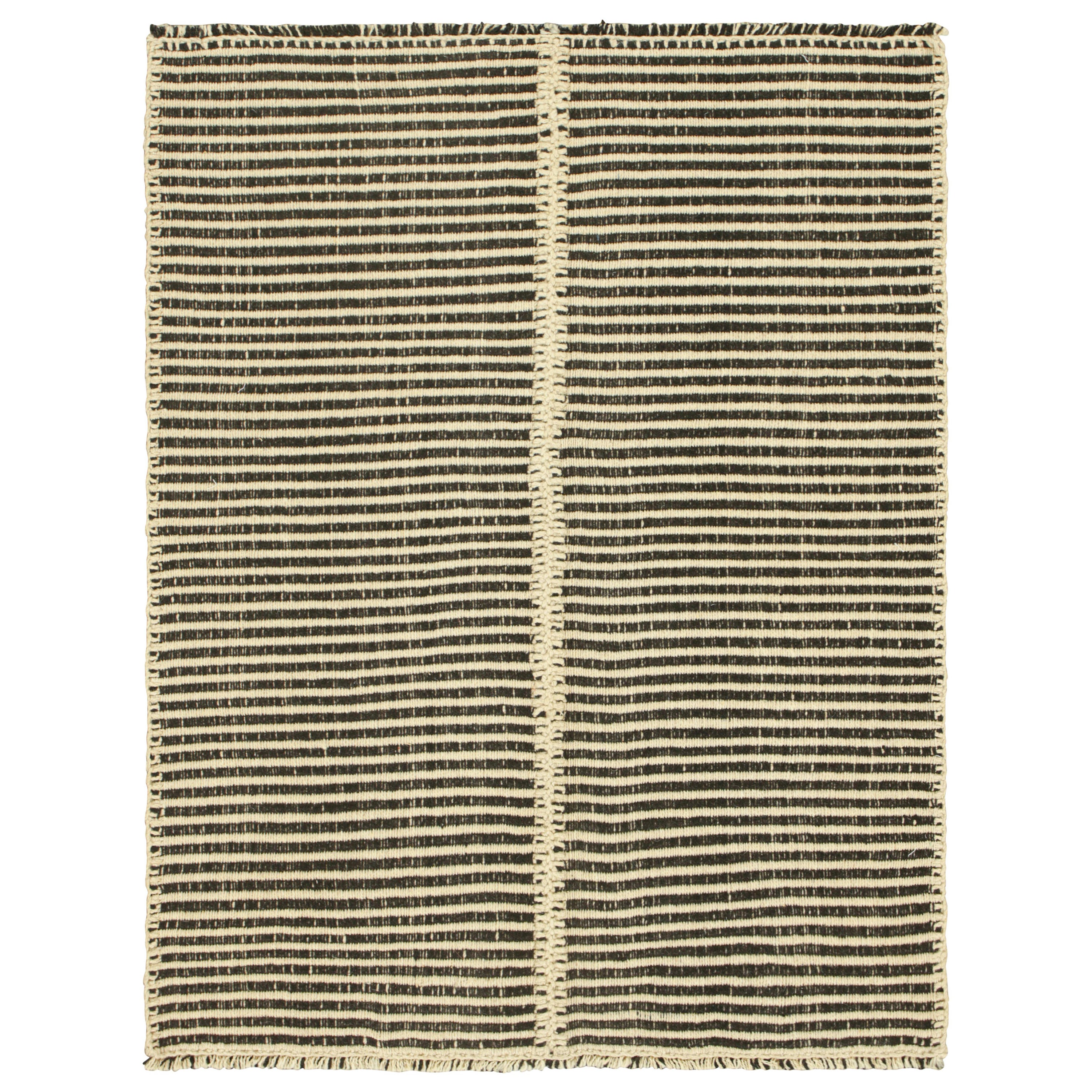 Rug & Kilim’s Contemporary Kilim with Textural Cream White and Black Stripes