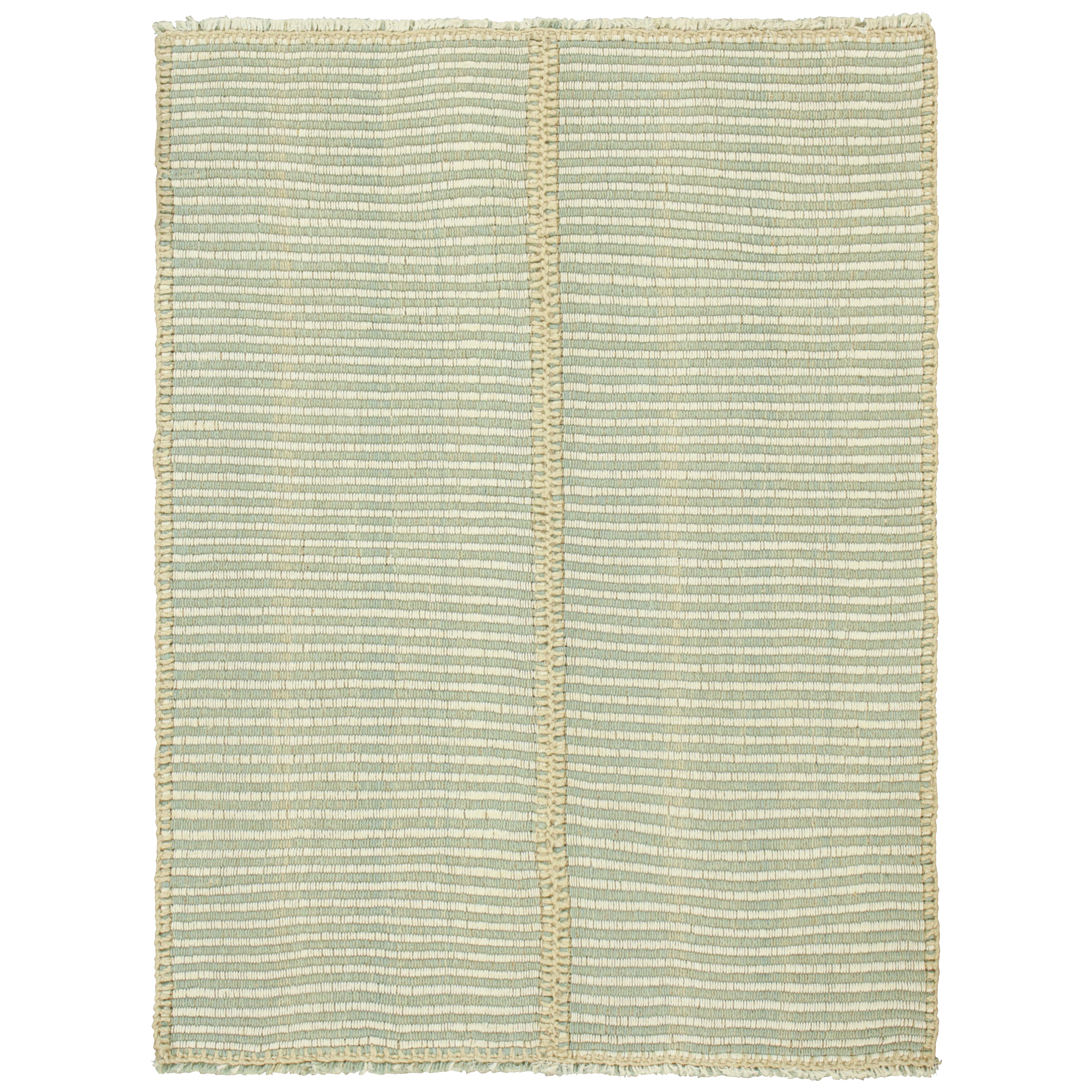 Rug & Kilim’s Contemporary Kilim in Ivory White and Blue Textural Stripes