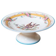 Französische, handbemalte Porzellankompotte des frühen 20. Jahrhunderts mit Vögeln und Blumenmotiv