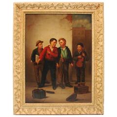 Antique 19th Century Genre Painting of Shoe Shine Boys