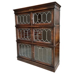 Antique English Lawyer Barrister Bookcase Stacking Leaded Glass Oak Edwardian