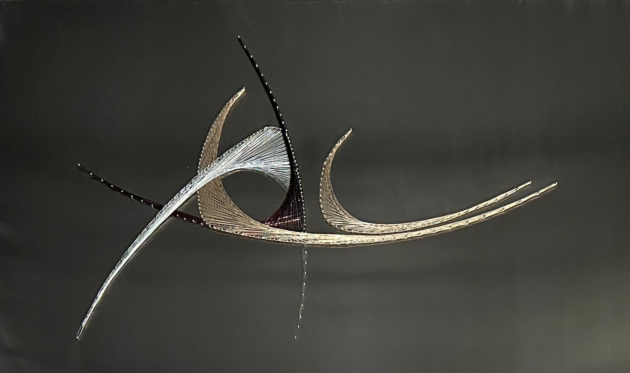 Scultura moderna in filo di metallo prezioso intrecciato appesa alla parete