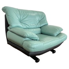 1980 Turquoise Leather Chair Natuzzi Style, Made in Italy
